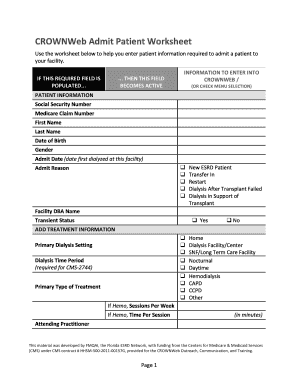 CROWNWeb Admit Patient Worksheet