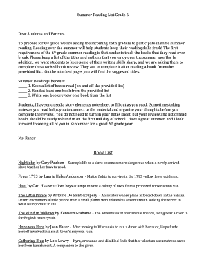 Summer Reading List Grade 6