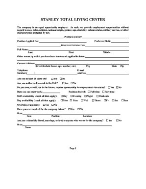 Stanley Total Living Center Employment Application