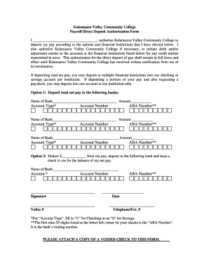 Kalamazoo Valley Community College Payroll Direct Deposit Authorization