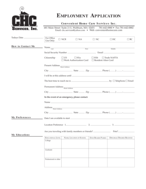 Employment Application for Convenient Home Care Services