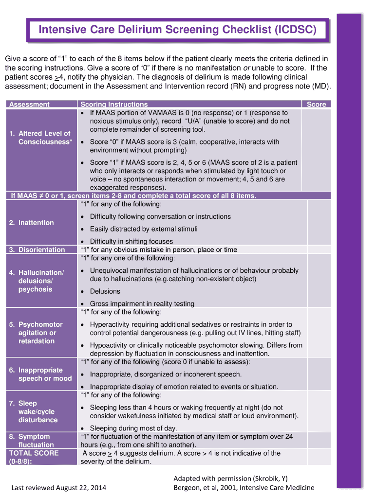Fillable Online Intensive Care Delirium Screening Checklist (ICDSC) Fax