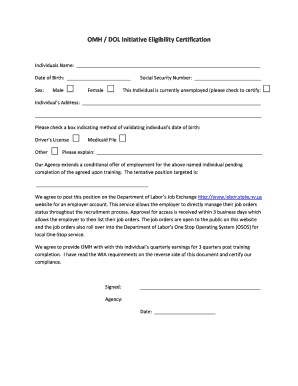 OMH DOL Initiative Eligibility Certification