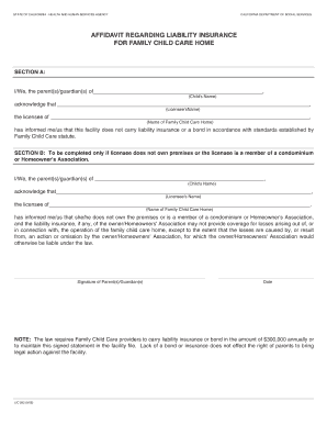 California Affidavit Regarding Liability Insurance for Family Child Care Home