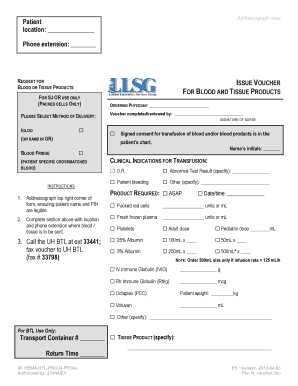 Request for Issue Voucher for Blood or Tissue Products