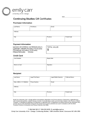 Emily Carr University Gift Certificate Purchase Form