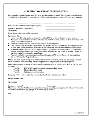 Authorization Release Standard Appeal