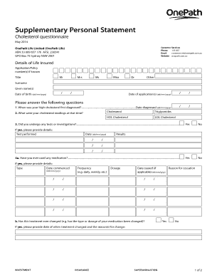 Supplementary Personal Statement for Cholesterol Questionnaire