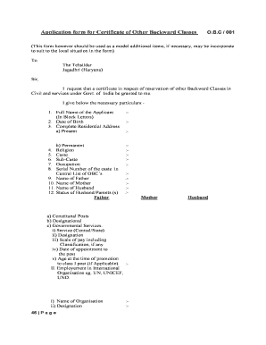 Certificate of Other Backward Classes Application