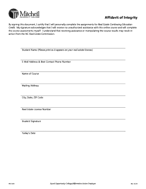 Affidavit of Integrity for Real Estate Continuing Education