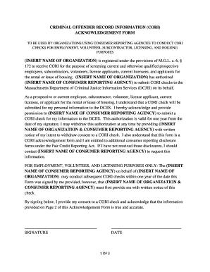 Criminal Offender Record Information (CORI) Acknowledgement Form