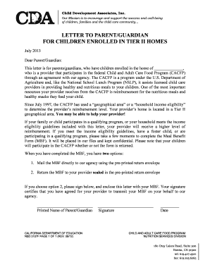 Meal Benefit Form for Tier II Day Care Homes