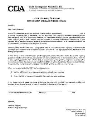 Meal Benefit Form for Parents (Tier II Homes)