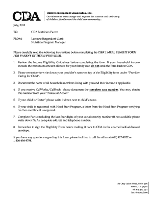 Tier 1 Meal Benefit Form