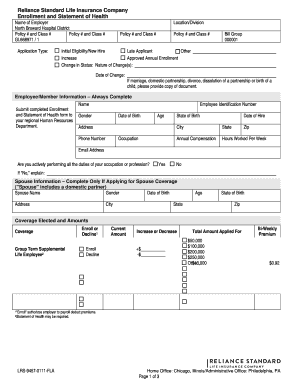 Reliance Standard Life Insurance Enrollment Form