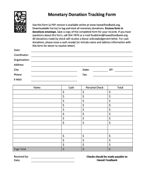 Monetary Donation Tracking Form - hawaiifoodbank