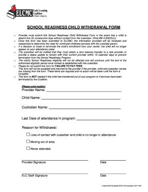 School Readiness Child Withdrawal Form