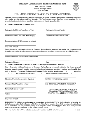 Michigan Teamsters Full-Time Student Eligibility Verification Form