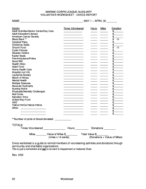 Marine Corps League Auxiliary Volunteer Worksheet