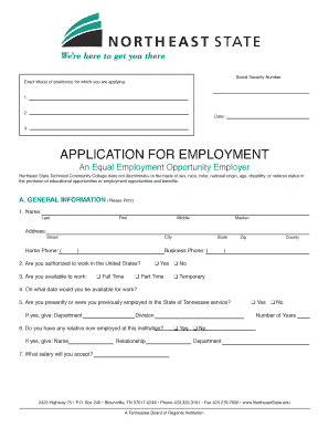 Northeast State Employment Application