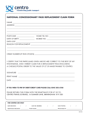 National Concessionary Pass Replacement Claim Form