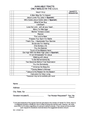 Hands For Christ Tract Order Form