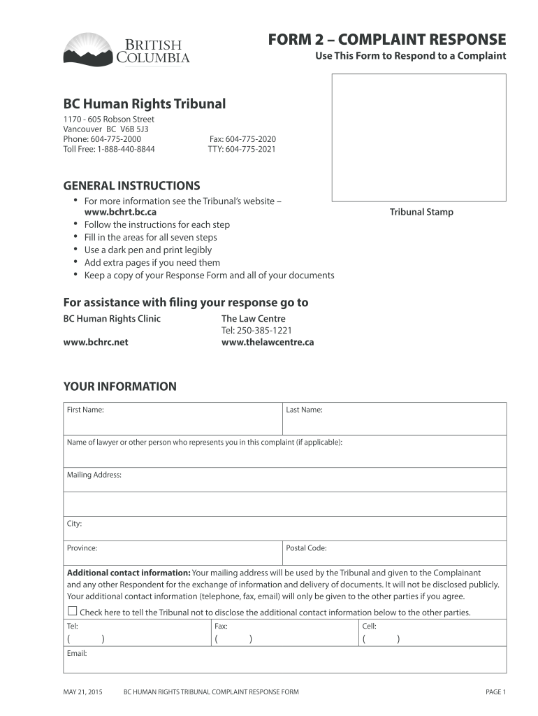 Response to Complaint Form - BC Human Rights Tribunal Preview on Page 1