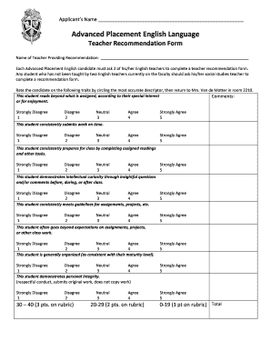 Advanced Placement English Language Teacher Recommendation Form