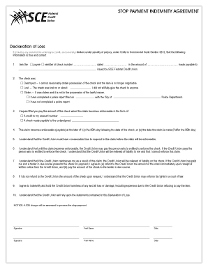 Stop Payment Indemnity Agreement