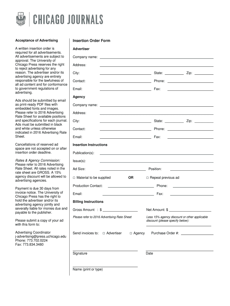Fillable Online journals uchicago Acceptance of Advertising journals
