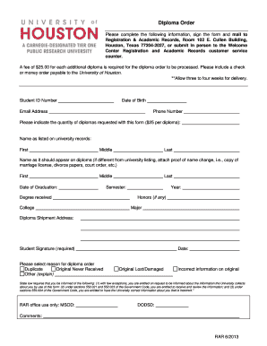 University of Houston Diploma Order Form