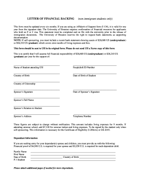 Letter of Financial Backing for Non-Immigrant Students