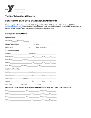 YMCA Summer Day Camp Emergency Health Form