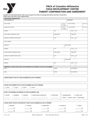 YMCA Child Development Center Parent Confirmation and Agreement