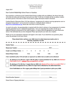 Cranford School Dismissal Permission Form