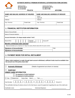 Automatic Monthly Premium Withdrawal Authorization Form (Ontario)
