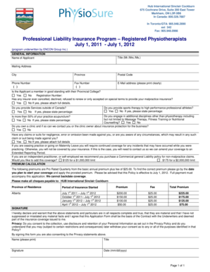 Professional Liability Insurance Application for Physiotherapists