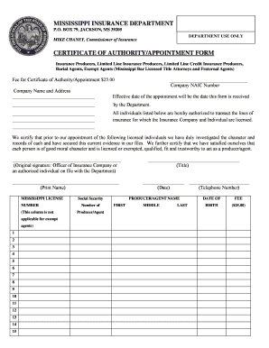 Mississippi Certificate of Authority/Appointment Form