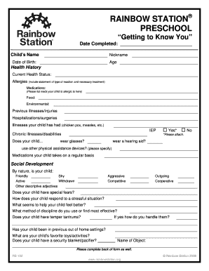 Rainbow Station Preschool Health and Development Form