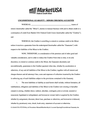 Unconditional Guaranty for Minor Checking Accounts
