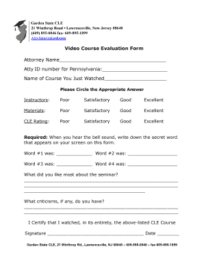Garden State CLE Video Course Evaluation Form