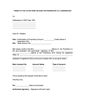 Bank Proprietary Account Confirmation Letter