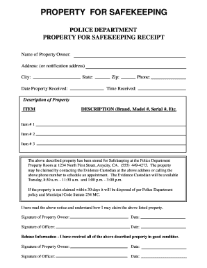 Police Property Safekeeping Receipt