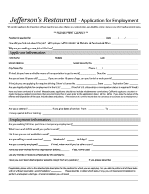 Jefferson’s Restaurant Employment Application