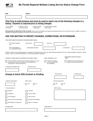 Florida Regional Multiple Listing Service Status Change Form