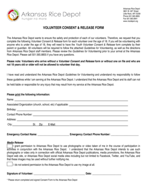 Arkansas Rice Depot Volunteer Consent and Release Form