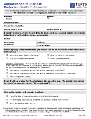 Tufts Health Plan Authorization to Disclose Protected Health Information