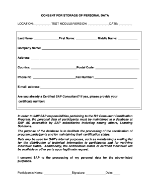 Consent for Storage of Personal Data