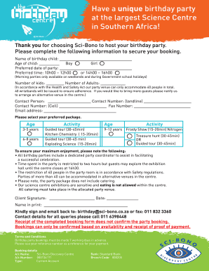 Sci-Bono Birthday Party Booking Form