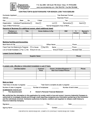 Contractor's Questionnaire for Bonds Less Than $250,000